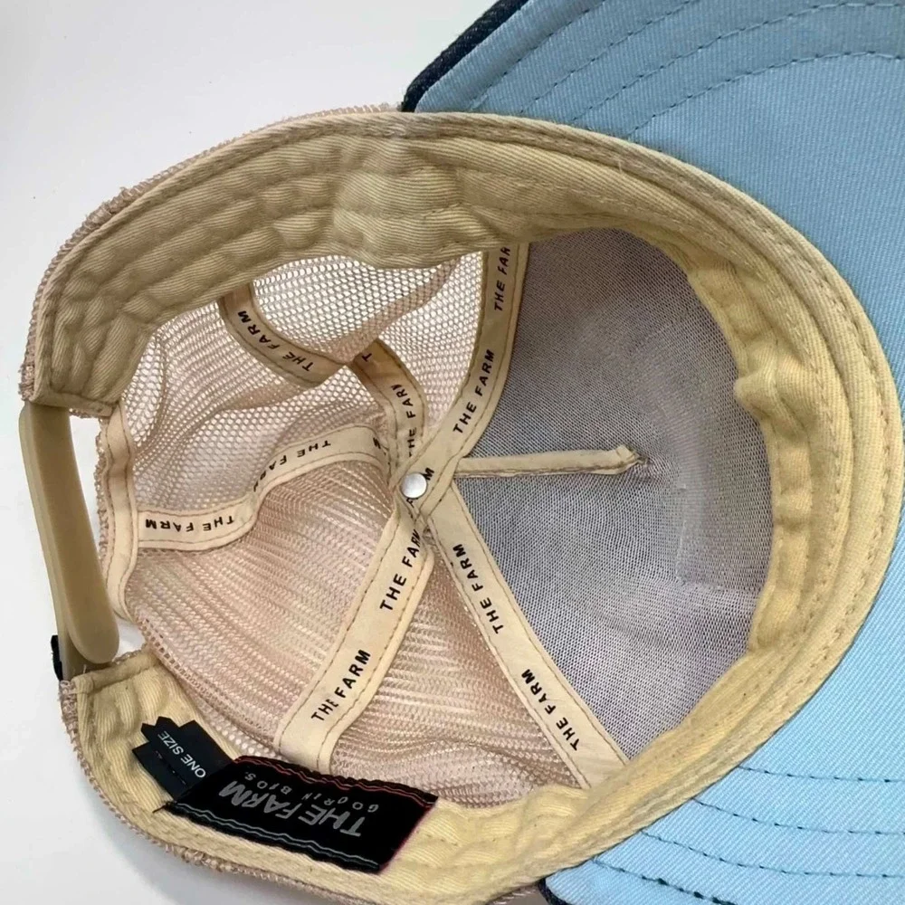 Goorin‎ Bros The Farm GOAT Trucker Hat Navy Blue Beige Mesh Denim Snapback Cap